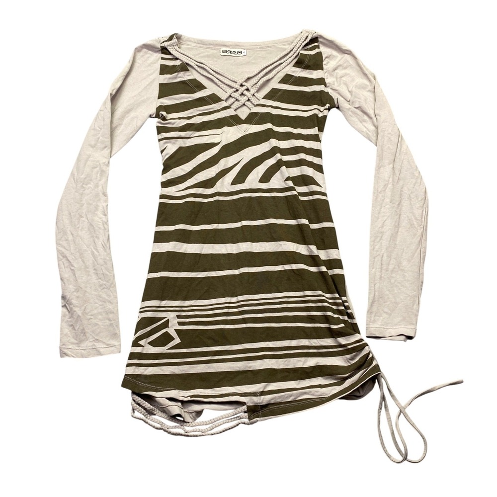 Psylo Womens Olive Tan Striped Braided V-Neck Long Sleeve Tunic Top Size 3‎